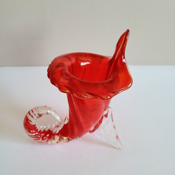 Murano Art Glass Cornucopia Jack in the Pulpit Red and Clear Vase. MCM decor. - Picture 5 of 14